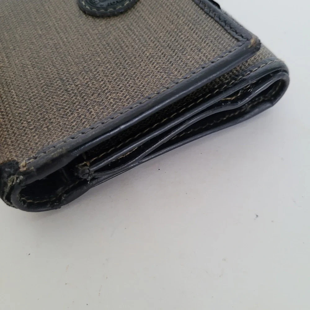 Vintage Fendi sas Brown Coated Canvas Trifold Wallet Black Leather Trim Italy
